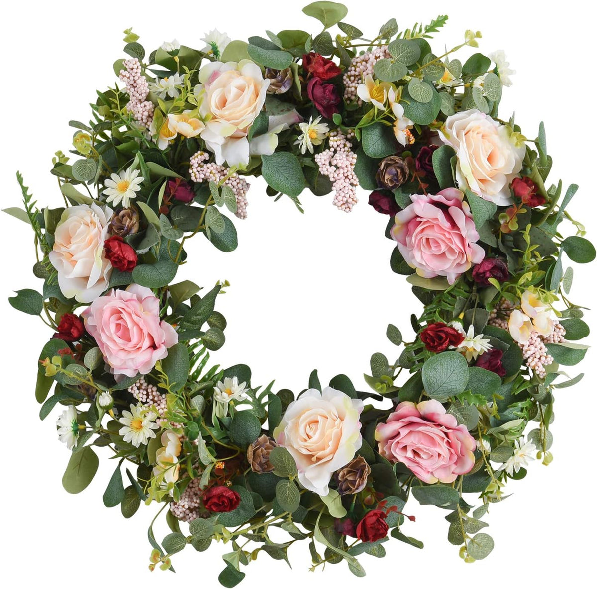 WANNA-CUL 24 Inch Large Spring Rose Wreaths for Front Door,Spring Front Door Wreath with Pink and Wine Red Floral Door Wreath with Eucalyptus Leaves for Wedding or Indoor&Outdoor Decorations