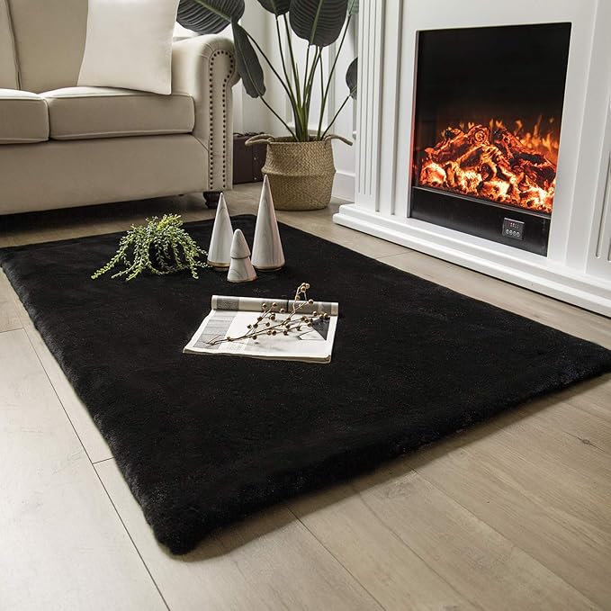 Ashler Faux Fur Rug, Ultra Soft Faux Rabbit Fur, Black Area Rugs, 3 x 5 Feet Rectangle, Machine Washable Nursery Decor Throw Rugs for Bedroom, Kids Room, Living Room