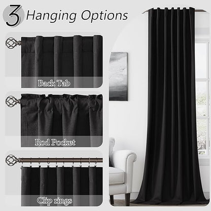Guken Black 100% Blackout Curtains 96 Inch Length 2 Panels Set for Living Room Bedroom Back Tab Thermal Insulated Black Out Linen Drapes Room Darkening Window Curtains 96 Inches Long