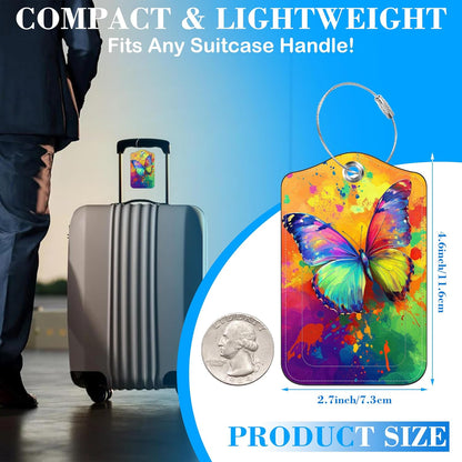 2 Pcs Luggage Tags for Suitcases, Colorful Butterfly Leather Bag Tags for Luggage Privacy Cover Name ID Label with Stainless Steel Loop Cruise Airport Travel Essentials