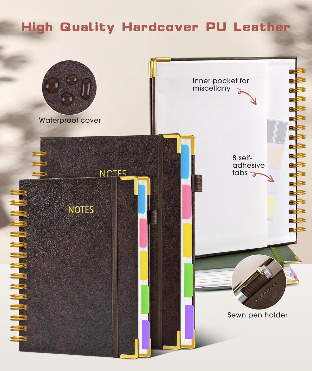Hardcover Spiral Notebook journal with Removable Dividers Tabs, 300 Pages Leather 5 Subject Notebook College Ruled, 100GMS A5 Notebooks for Work School Note taking,Lined Journal for Women,A5 Brown