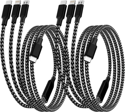 USB C Multi Charging Cable [2Pack 4FT], 3 in 1 Charging Cable Nylon Braided USB-C Multiple Charger Cord with Type-C, Micro USB and IP Port for iPhone 16/15 Series/Cell Phones and More