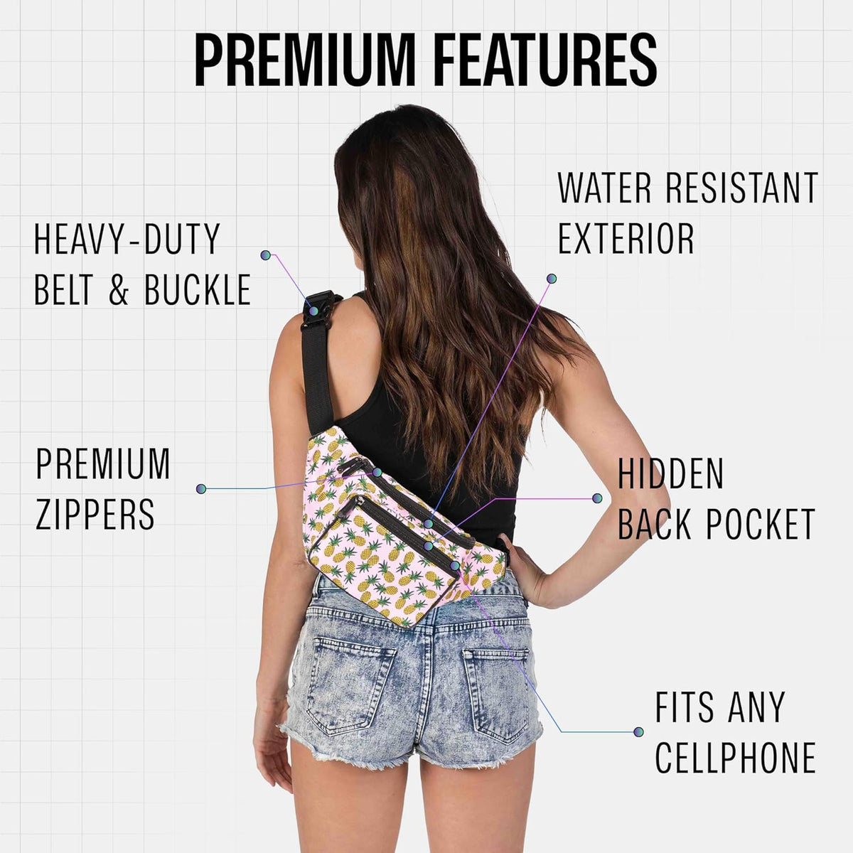 Fanny Pack Belt bag - Crossbody Waist Bag for Men or Women - Hands-Free, Waterproof Large Bumbag for Hiking, Running, and Travel (Pineapple)