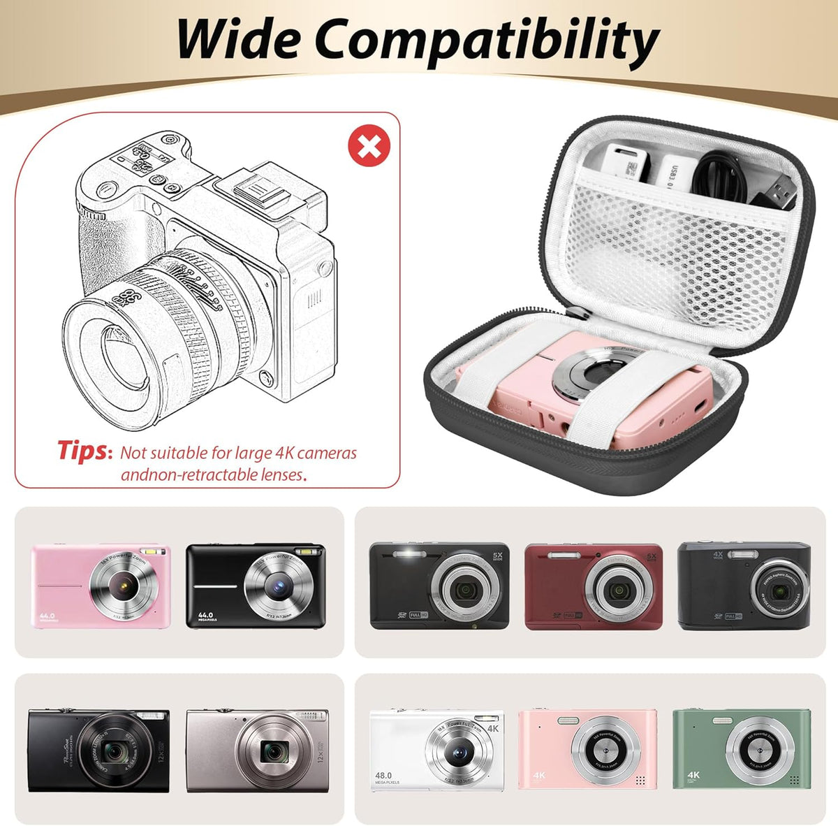 Digital Camera Case for CAMKORY, KODAK PIXPRO FZ45/FZ55, Canon IXUS 285 HS, Lecran, Small Travel Compact Camera Holder with Mesh Pocket for Accessories SD Card (Black-PU)