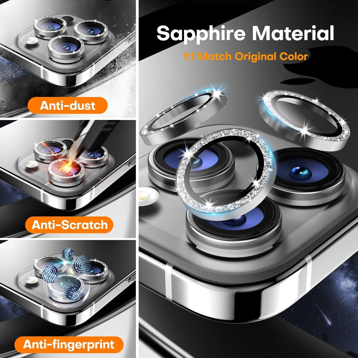 Camera Lens Protector for iPhone 16 Pro Max/16 Pro/15 Pro Max/15 Pro/14 Pro Max/14 Pro, Sapphire Glass Metal Individual Camera Cover Screen, Anti-drop, Case Friendly- Glitter White Titanium