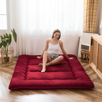 MAXYOYO Japanese Floor Mattress Futon Mattress, Thicken Sleeping Pad Foldable Roll Up Floor Futon for Adults Tatami Mat Dormitory Bed Lounger, Burgundy, Full Size