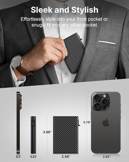 typecase Mens Wallet Card Holder: Pop Up Aluminum Case, Genuine Leather, Smart, RFID Blocking, Slim, Minimalist, Front Pocket - 9-14 Card Capacity | ID Window | Cash Slot (Carbon Fiber Navy)