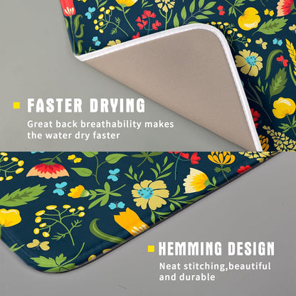Floral Dish Drying Mat for Kitchen Counter Cute FLowers Seasonal Absorbent Reversible Microfiber Kitchen Countertop Protector Dishes Pad Small 16x18 inch