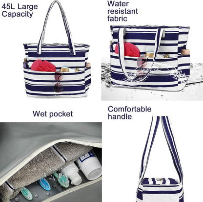 LEDAOU Beach Bag Waterproof Sandproof Women Tote Bag Pool Bag with Zipper for Gym Grocery Travel with Wet Pocket