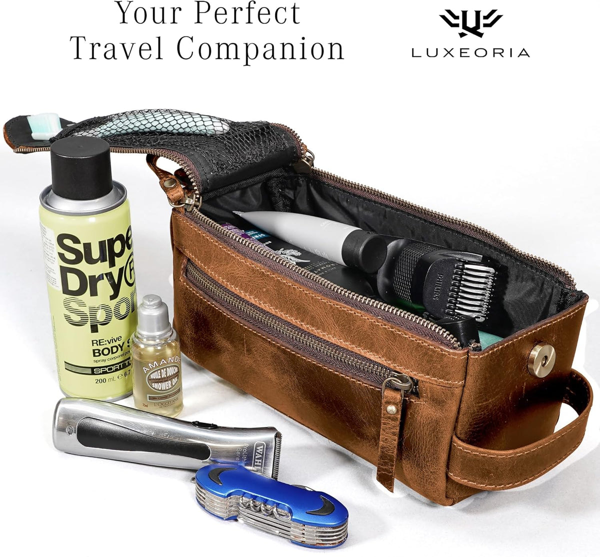 LUXEORIA Genuine Leather Toiletry Bags for Men and Women, Handmade Premium Leather Dopp Kit and Shaving Bag, Cosmetic Bag for Womens and Mens, Travel Essentials & Organizers