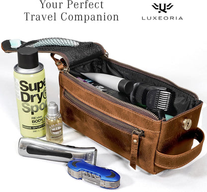 LUXEORIA Genuine Leather Toiletry Bags for Men and Women, Handmade Premium Leather Dopp Kit and Shaving Bag, Cosmetic Bag for Womens and Mens, Travel Essentials & Organizers