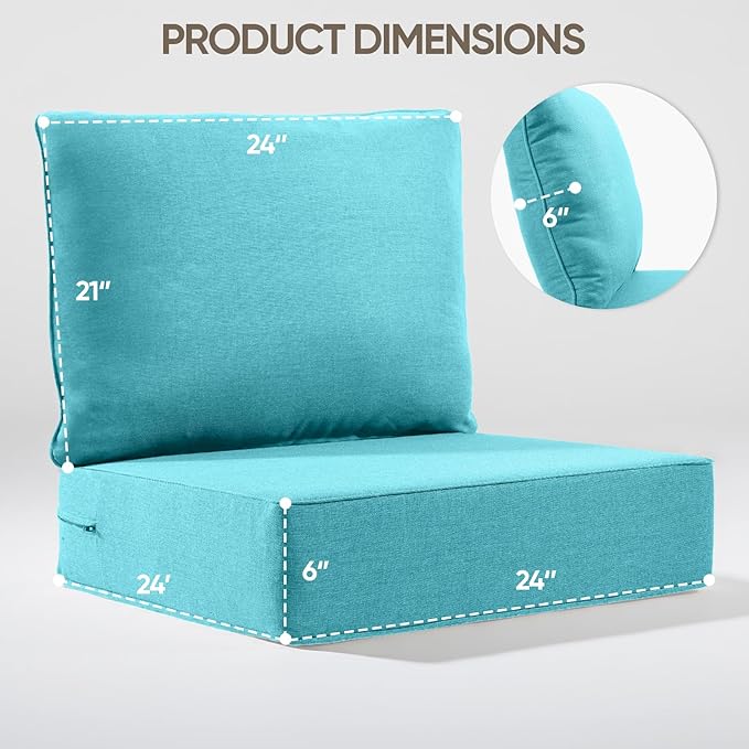 6" Thick Outdoor Cushion, 24*24*6" Patio Furniture Cushions with Waterproof Patio Furniture Cushions with Removable Cover, 28D High Density Patio Cushion for Outdoor Furniture, Light Blue-8pcs