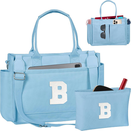Gifts for Women Teen Girls, Initial Tote Bag with Zipper, Letter Canvas Tote Purse for College Work Laptop Beach