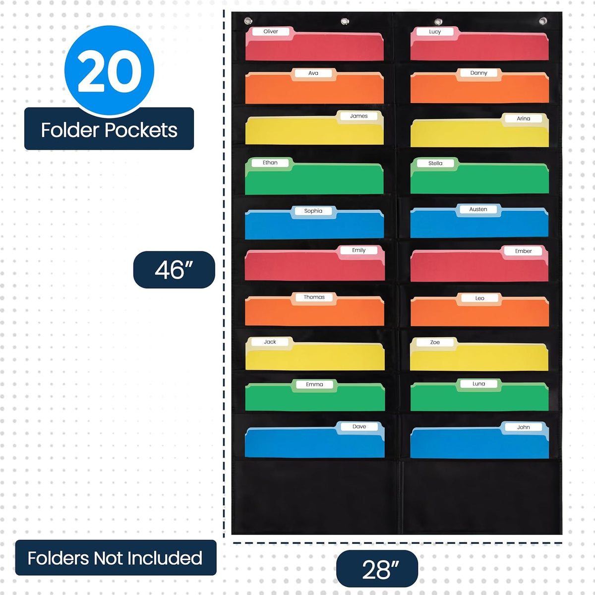 Essex Wares - 20 Pocket File Pocket Chart, Black, 28" Wide x 46" Tall - Versatile Wall Hanging File Folder Organizer for Classroom, Office, Home, and More - Wall Folder Organizer - 20 Pockets