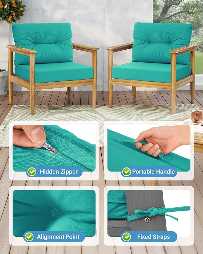 YEFU Olefin Outdoor Chair Cushions: Fade Resistant Outdoor Seat Cushion 24 x 24 - All Weather Patio Furniture Cushion with Ties - Deep Seat Patio Cushions for Chair Sofa Couch(Teal)