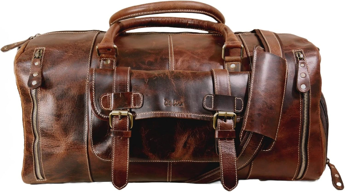 Genuine Full Grain Leather Carry On Travel Bag 21x11x10 with Trolley Straps, Shoe Compartment, Shouler Strap by De Lira