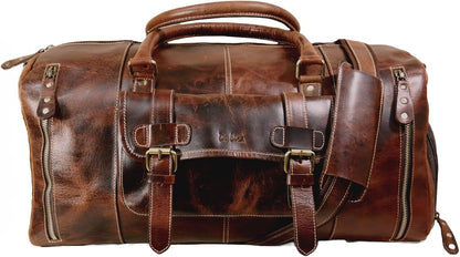Genuine Full Grain Leather Carry On Travel Bag 21x11x10 with Trolley Straps, Shoe Compartment, Shouler Strap by De Lira
