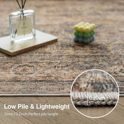 FMFUNCTEX 4x6 Washable Area Rug Neutral Vintage Rust Brown Distressed Non Slip Low Pile Traditional Indoor Carpet for Living Room Bedroom Soft Retro Throw Rug for Dining Office Kitchen Dorm Entryway