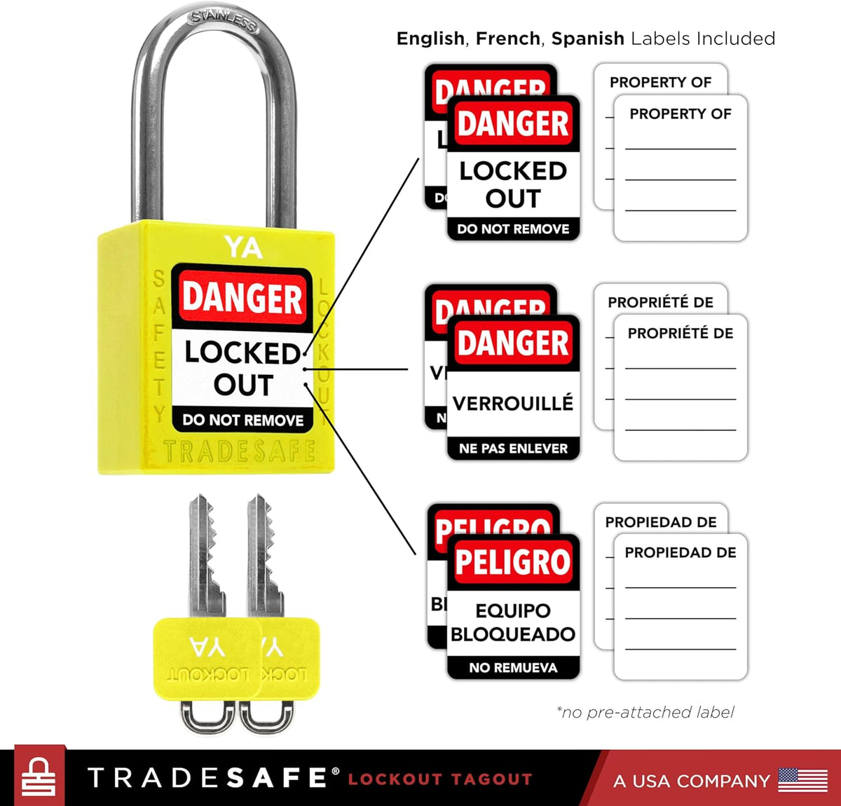 TRADESAFE Lockout Tagout Lock Sets, 10 Yellow Keyed Alike Unlimited Grouping Safety Padlocks, 2 Keys Per Lock, OSHA Compliant Loto Locks, for Lock Out Tag Out Kits