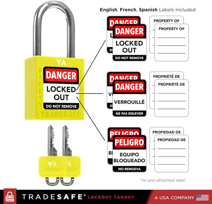 TRADESAFE Lockout Tagout Lock Sets, 10 Yellow Keyed Alike Unlimited Grouping Safety Padlocks, 2 Keys Per Lock, OSHA Compliant Loto Locks, for Lock Out Tag Out Kits