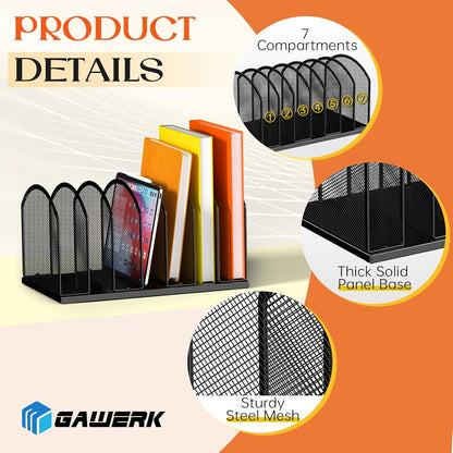 7-Section Metal Upright File Sorter Organizer，Office Small Letter Sorter Desktop File Organizer Metal Mesh Iron Sole, Black