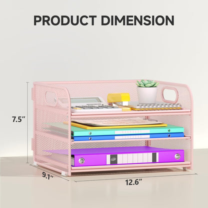 3 Tier Paper Organizer with Handle, Metal Desk Organizer Mesh Paper Letter Tray Desktop File Folder Document Sorter for Classroom, School, Office Accessories Organization and Storage - Pink