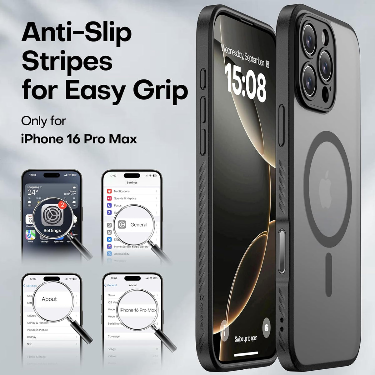 CellEver Strong Magnetic for iPhone 16 Pro Max Case with Camera Control Capture Button [Camera Protection] [Military Drop Protection] [Compatible with MagSafe] Slim Translucent Matte Cover, Black