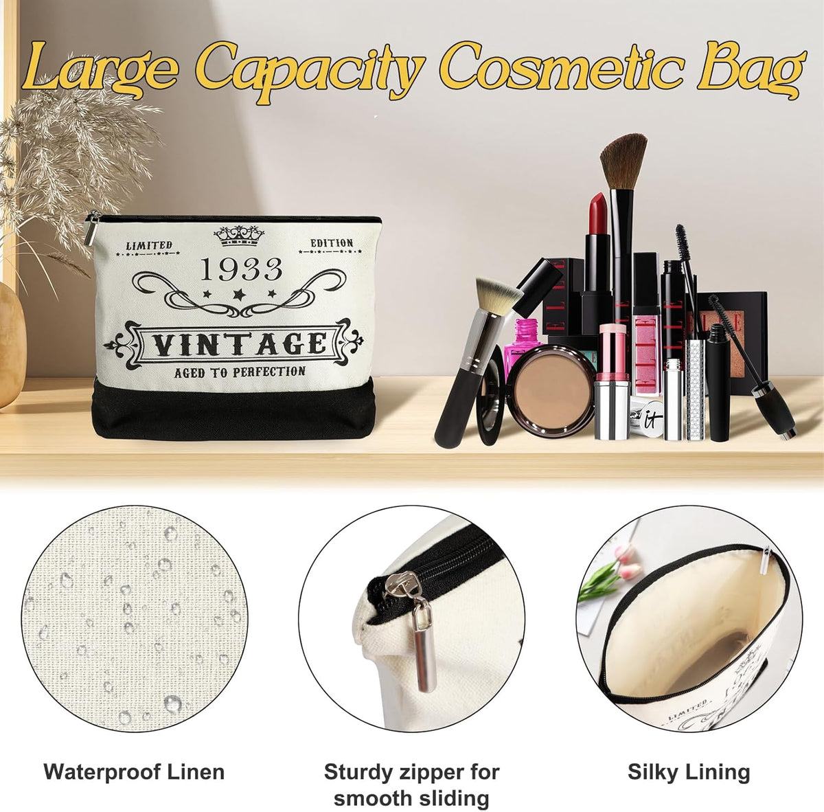 YeohJoy 92nd Birthday Gifts for Her Canvas Tote Bag Travel Gear, Unique 92 Years Old Birthday Gifts for Girlfriend Sister Friends Women, Vintage 1933 Handbag & Cosmetic Bag & Back in 1933 Poster