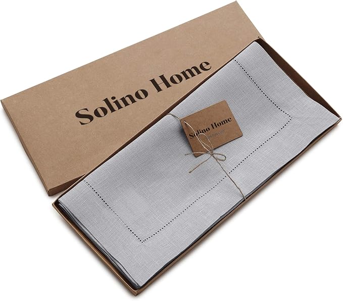 Solino Home Linen Soft Grey Table Runner 48 Inches - Classic Hemstitch, 100% Pure Linen Coffee Table Runner 14 x 48 Inch Ideal for Dresser Tables - Winter, Christmas, New Year