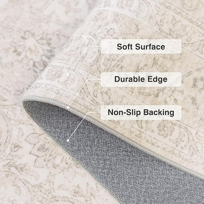 FMFUNCTEX 3x7 Hallway Runner Rug Beige Vintage Neutral Washable Distressed Non Slip Low Pile Indoor Carpet Soft Retro Entryway Rug for Kitchen Bathroom Laundry Entrance Living Room Bedroom Bedside