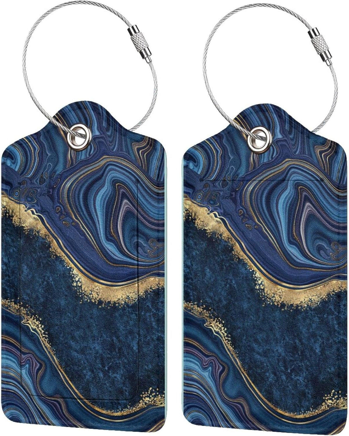 2PC Dark Blue Marble Luggage Tags Leather Suitcase Tag Privacy Name ID Card Quick to Find Out Travel Bag Labels with Stainless Steel Loop for Women Men Chilren Set of 2