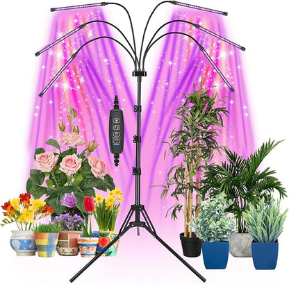 Grow Lights for Indoor Plants, LED Grow Light Stand, Red Blue Yellow Full Spectrum Plant Lamp with Adjustable Tripod, Color Changing Dimmable Vegetative Lamp with Auto On Off Timer (Type A)