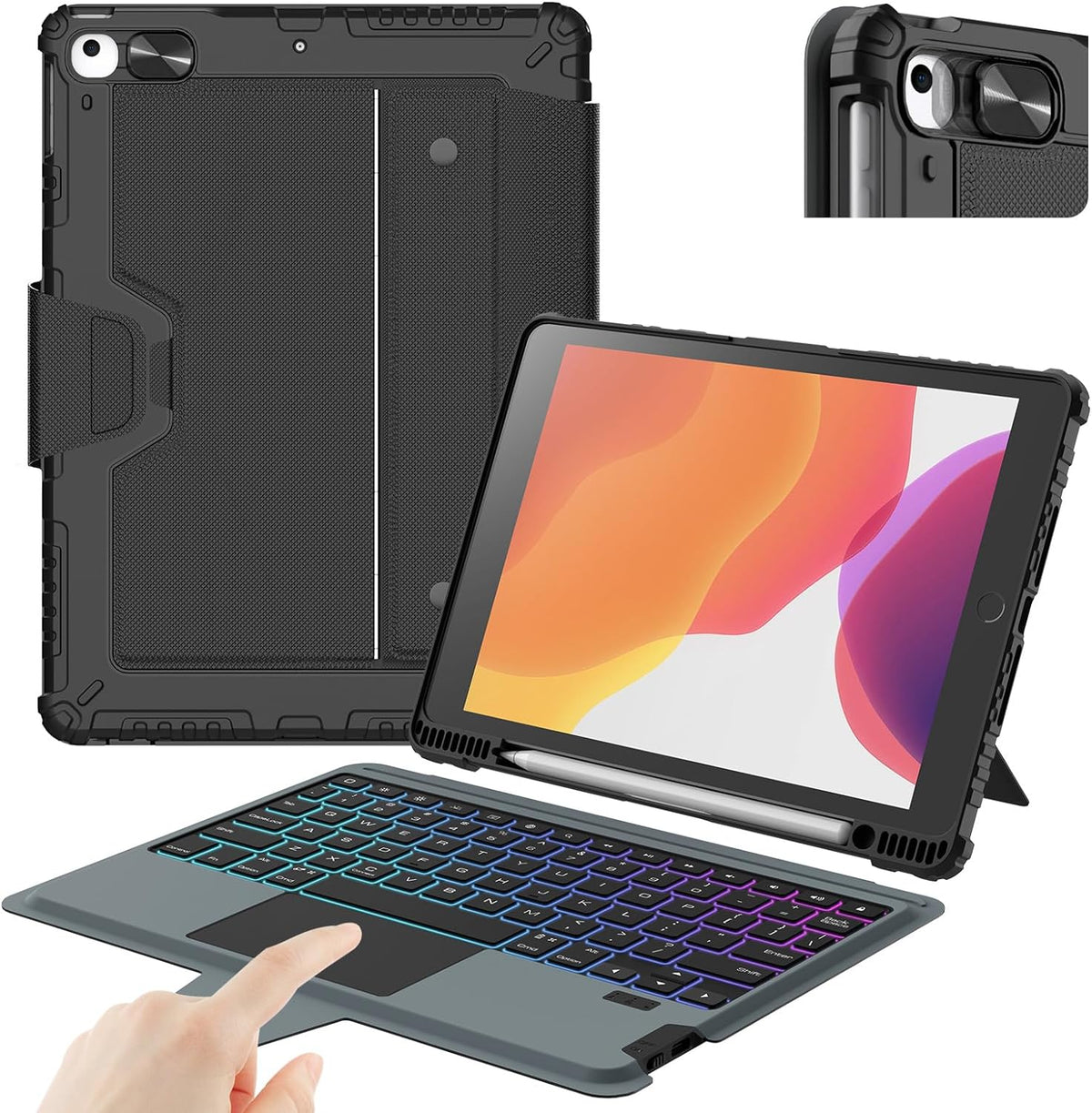 Nillkin iPad 9th Generation (10.2", 2021) Case with Detachable Keyboard, Magic Trackpad, 7-Colors Backlit, Portrait/Landscape Modes, Rugged Keyboard Case with Camera Cover for iPad 8th/7th Gen, Black