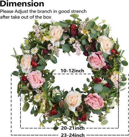 WANNA-CUL 24 Inch Large Spring Rose Wreaths for Front Door,Spring Front Door Wreath with Pink and Wine Red Floral Door Wreath with Eucalyptus Leaves for Wedding or Indoor&Outdoor Decorations