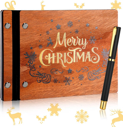 Christmas Wooden Guest Book with Pen 8 x 6 Inches 120 Pages Memory Scrapbook Rustic Signature Party Sign in Xmas Gift for Couple Guests Book