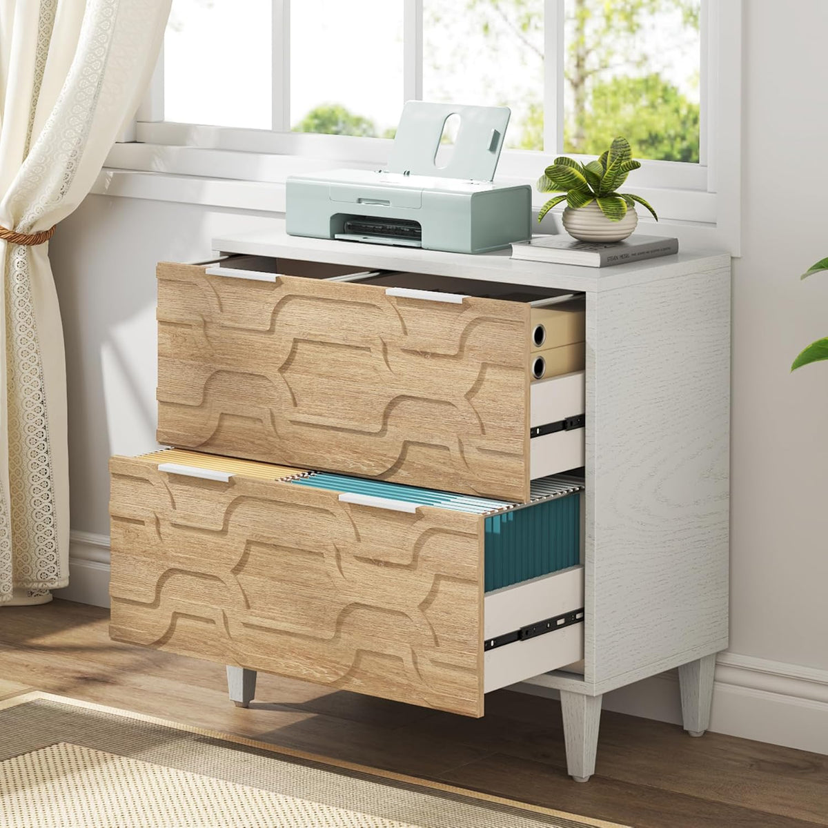 LITTLE TREE 2-Drawer File Cabinet, Lateral Filing Cabinet for A4/Letter/Legal Size, Office Storage Cabinet, Printer Stand with Storage Drawer for Home Office, Wood & White
