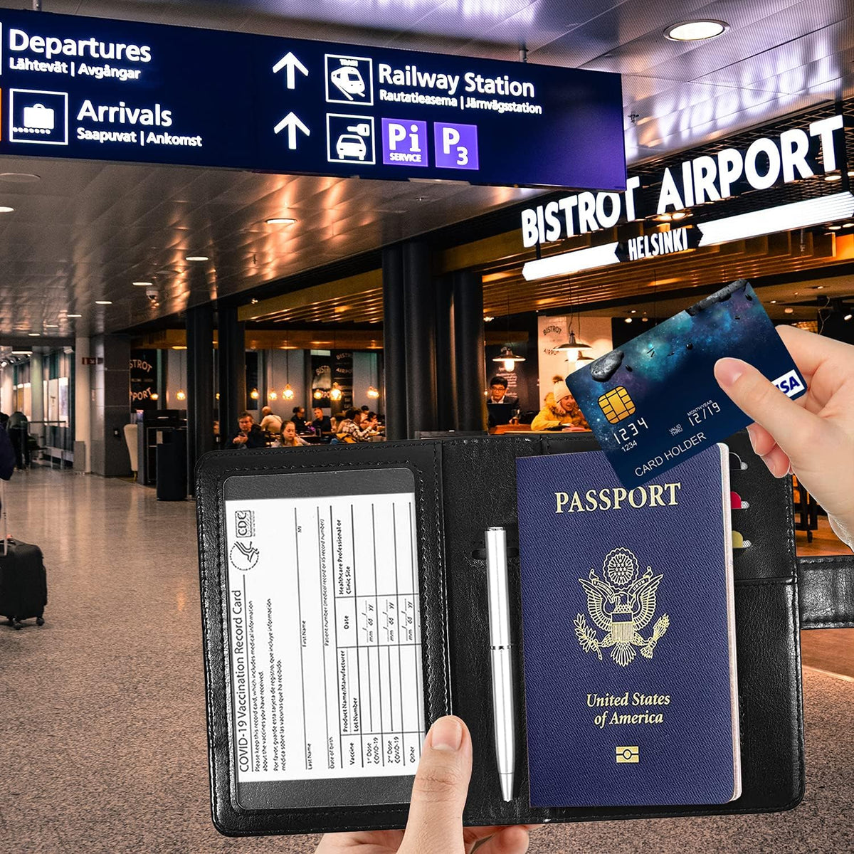 RSAquar Unisex Faux Leather Passport and Vaccine Card Holder Combo, Black, Slim and Lightweight with RFID Blocking Technology
