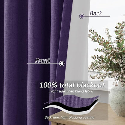 Guken 100% Blackout Curtains 120 Inch Length 2 Panels Set for Living Room Bedroom Back Tab Thermal Insulated Black Out Linen Drapes Room Darkening New Purple,52x120