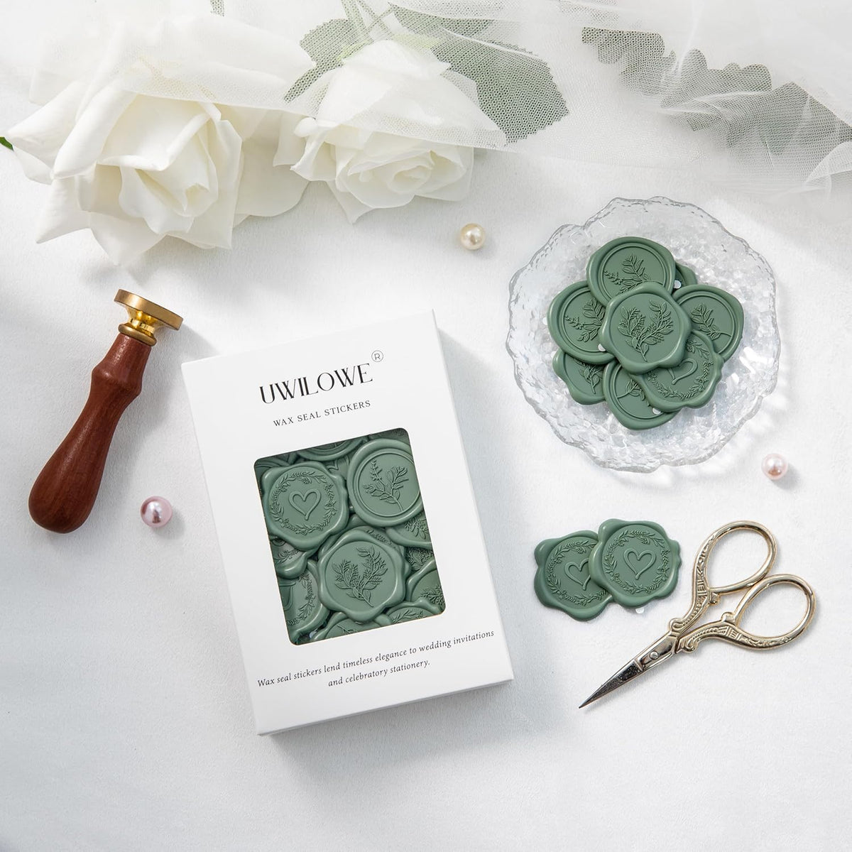 60 Pcs Dark Sage Green Wax Seal Stickers Self-Adhesive Envelope Seals Stamp Stickers, Perfect for Wedding Invitations Seating Chart Christmas Gift Wrapping 3 Designs in 1 Pack