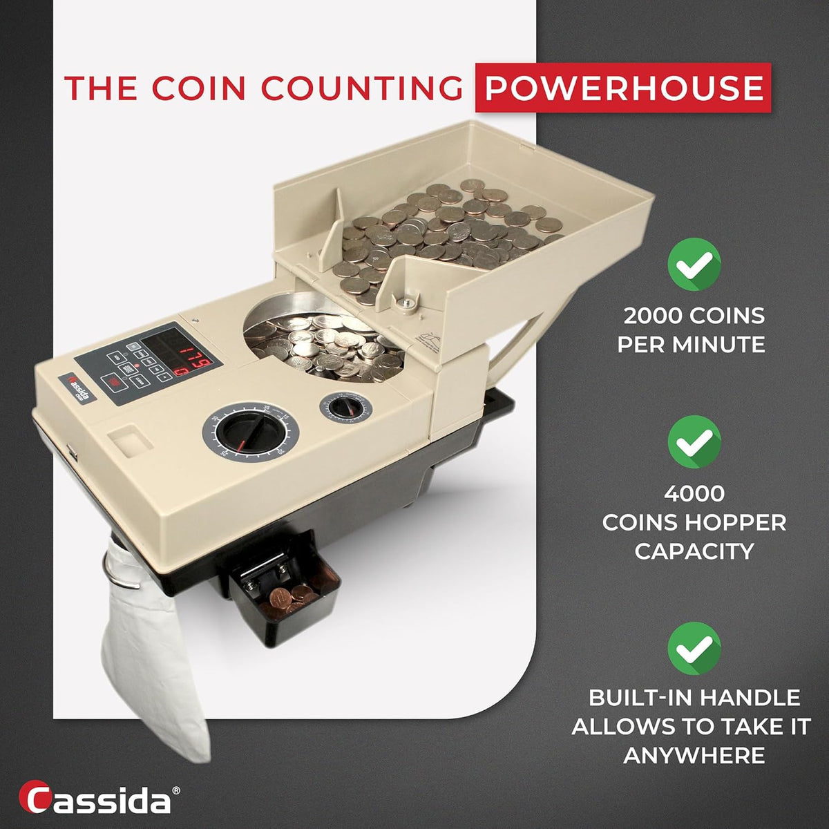 Cassida Compact & Portable Coin Counter/Off-Sorter (C500), Tan, Black