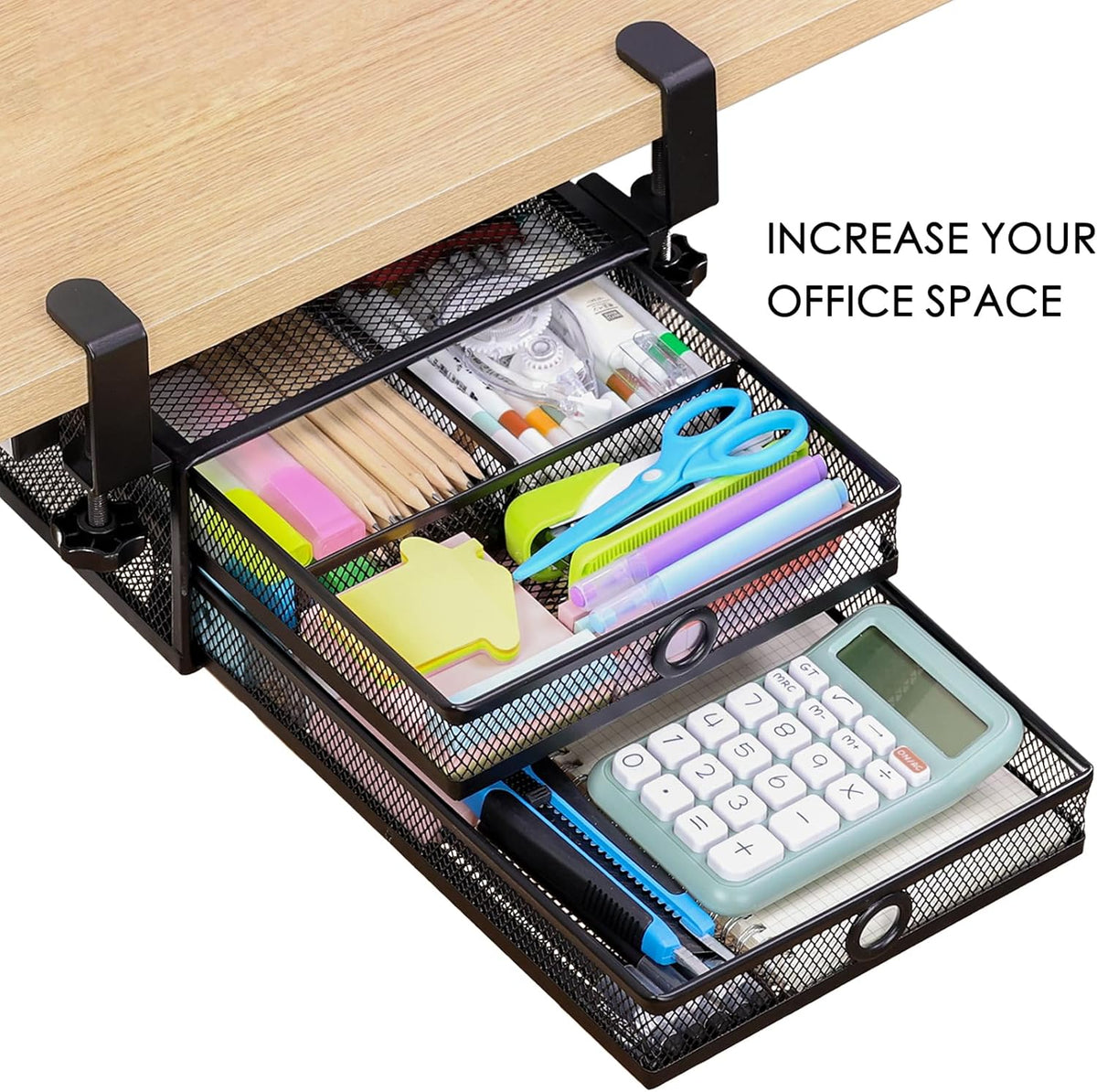 2-Tier Clamp-On Mesh Organizer, Under Desk Storage with Slide-Out Tray, No Drilling Tool-Free Installation, Durable Rust-Resistant Metal, Large-Capacity Organizer.