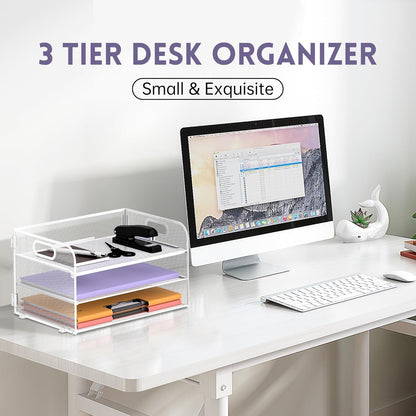 Supeasy 3 Tier Paper Organizer with Handle, Mesh Desk Organizer Letter Tray, Paper Tray File Organizer for A4 File Folder, White