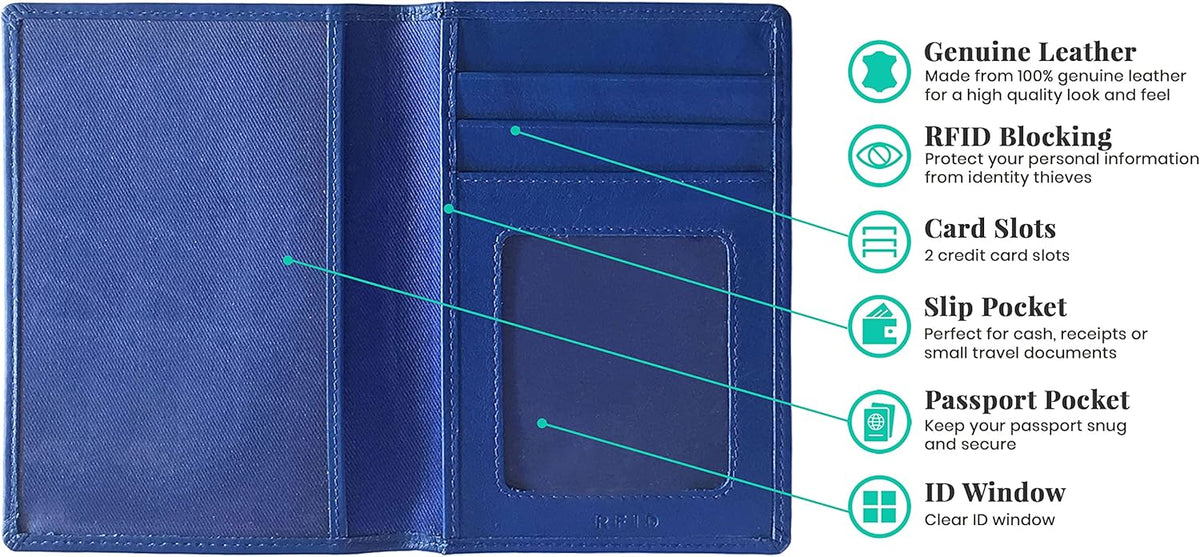 Personalized Monogrammed Cobalt Blue Leather RFID Passport Wallet and 2 Luggage Tags