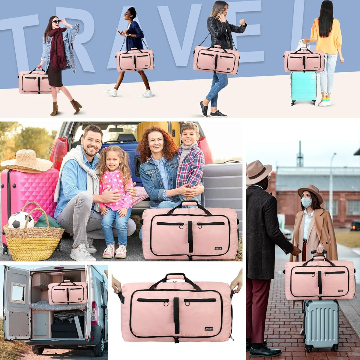 Fmeida 65L Duffle Bag with Shoes Compartment, Foldable Travel Duffel Bags for Men Women, Large Packable Travel Bag Water Repellent & Tear Resistant (Light Pink)