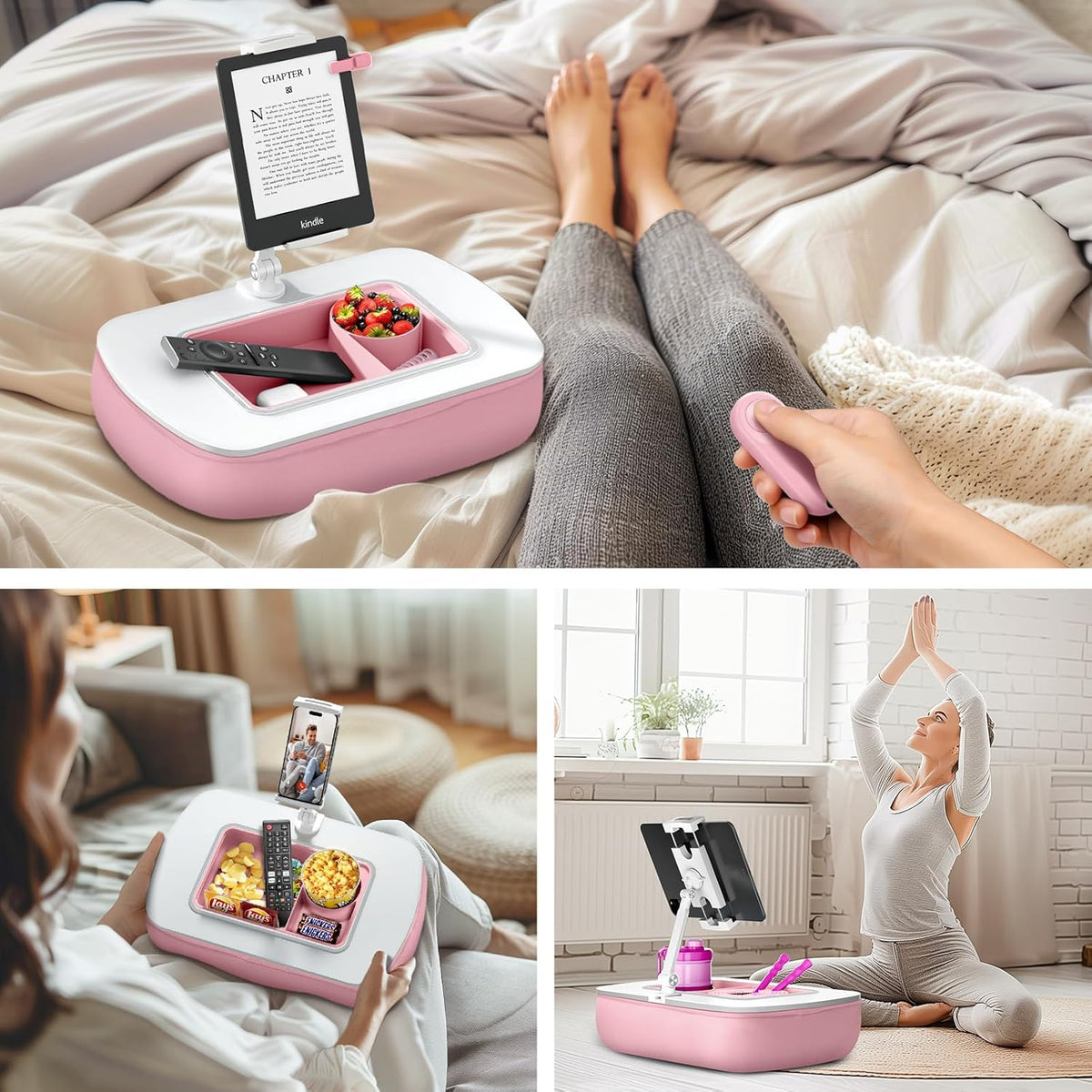 Lap Beanbag Tablet Pillow Stand with Snack Bowl and 360° Rotating Arm, Adjustable iPad Holder for Bed, Couch, and Recliner, Compatible with 4.7"-13" Kindle, iPad, Tablet, Phone,Pink