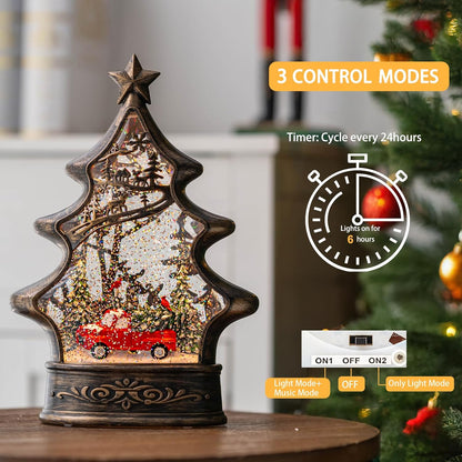 Christmas Snow Globe Lantern Water Glittering Christmas Tree with Red Truck, USB Lined/Battery Operated Lighted Lantern for Christmas Festival Decoration Gifts