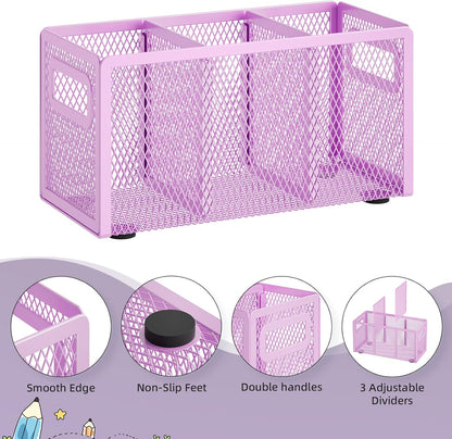 Marbrasse Mesh Pen Holder for Desk,Pencil Holder Desk Organizer 3 Adjustable Compartments,Pencil Cup with Handle Perfect for Classroom, Office, Home,Makeup,Art (Purple)