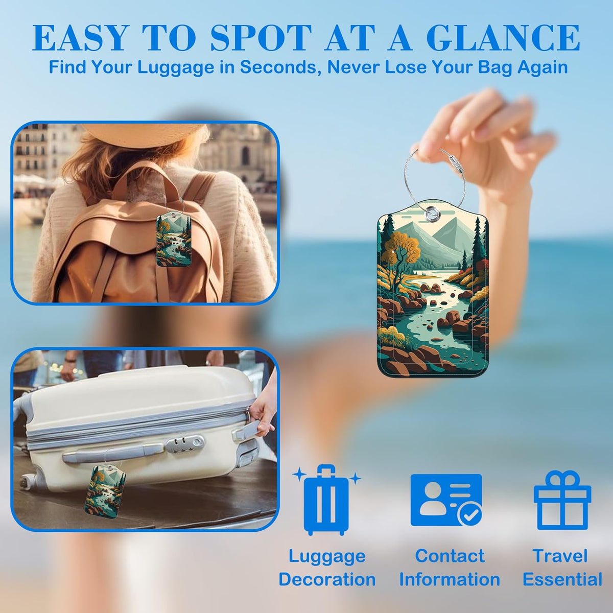 2 Pcs Luggage Tags for Suitcases, Forest River Mountain Leather Bag Tags for Luggage Privacy Cover Name ID Label with Stainless Steel Loop Cruise Airport Travel Essentials