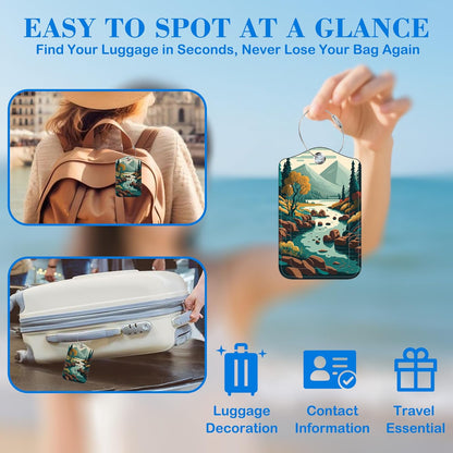 2 Pcs Luggage Tags for Suitcases, Forest River Mountain Leather Bag Tags for Luggage Privacy Cover Name ID Label with Stainless Steel Loop Cruise Airport Travel Essentials