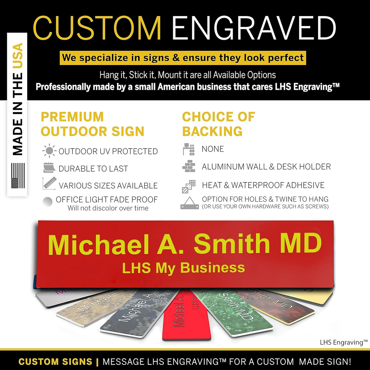 Door Name Plate Personalized for Office Red Plastic Name Plate with Yellow Letters - Made in USA 2x4 B22
